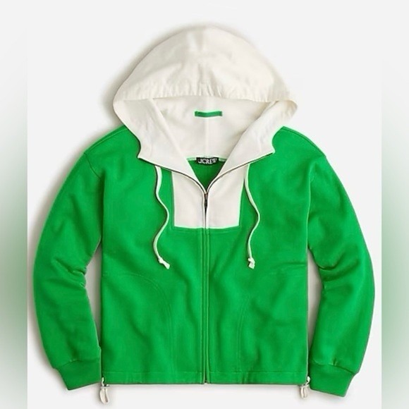 J.CREW Tops - NWOT J.Crew Women's Green Ivory Terry Fleece Full Zip Anorak Hoodie M Drawstring